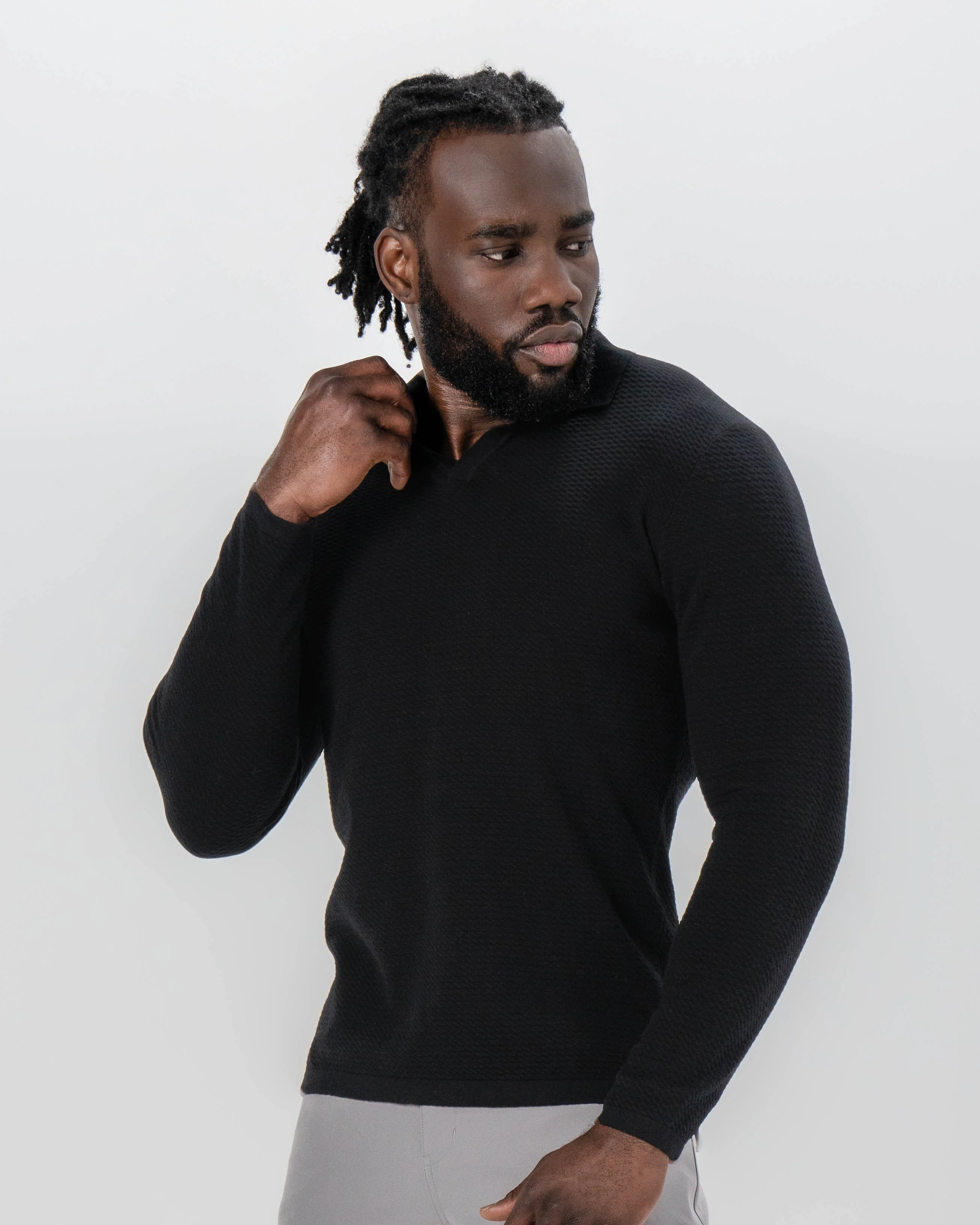 Textured Buttonless Long Sleeve Polo - Black - Image 6