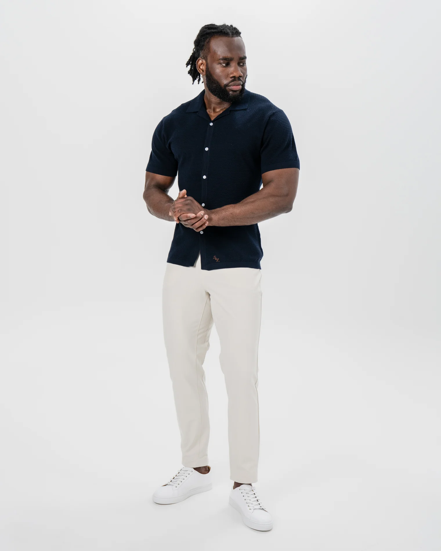 Textured Knit Short Sleeve Button Down - Navy - Image 3