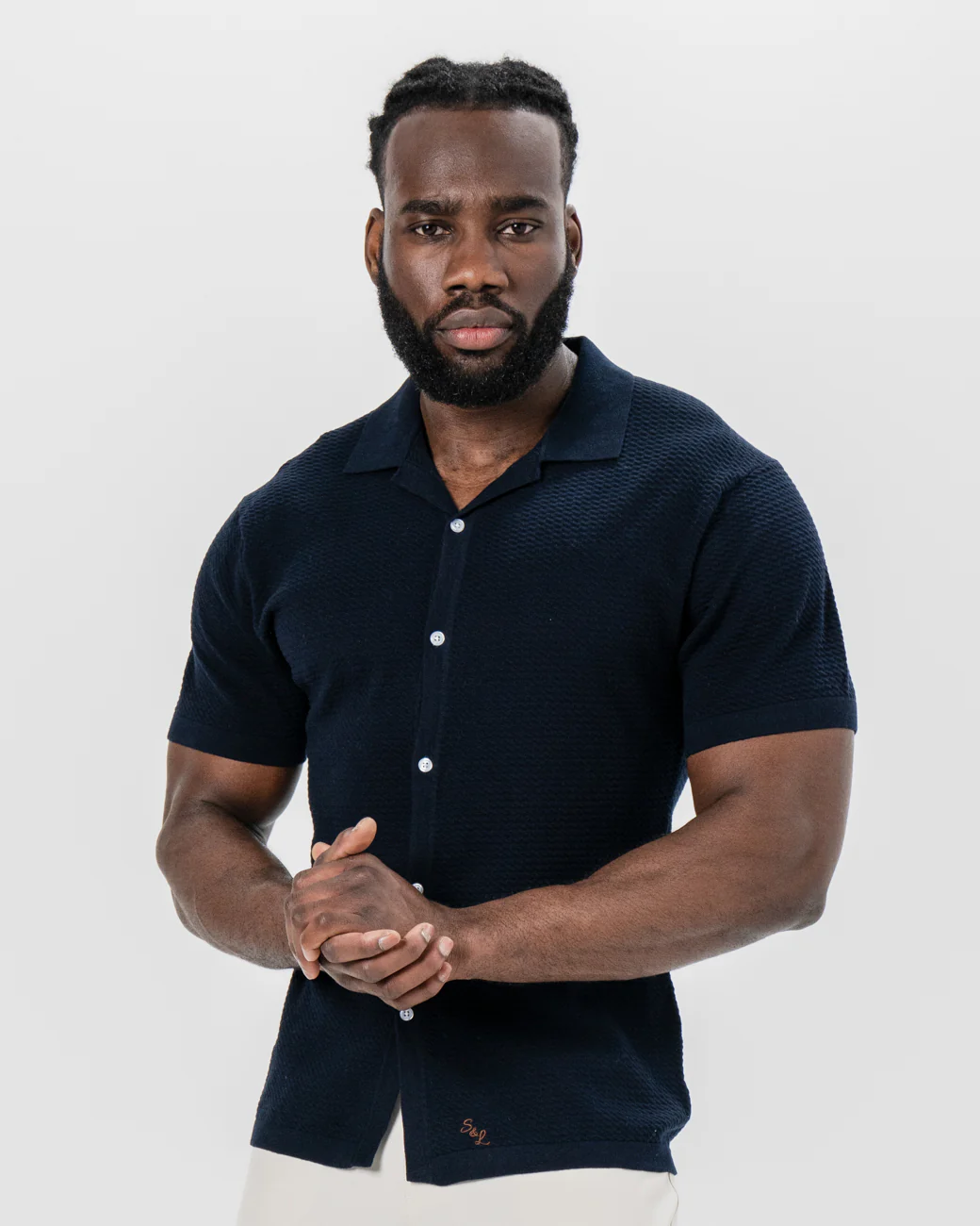 Textured Knit Short Sleeve Button Down - Navy - Image 5