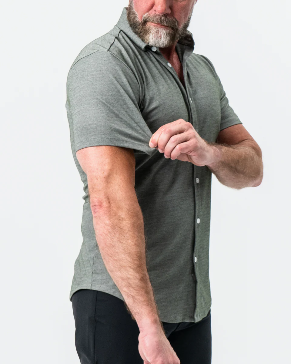 "The Armstrong" Olive Pique Short Sleeve Button Down - Image 2