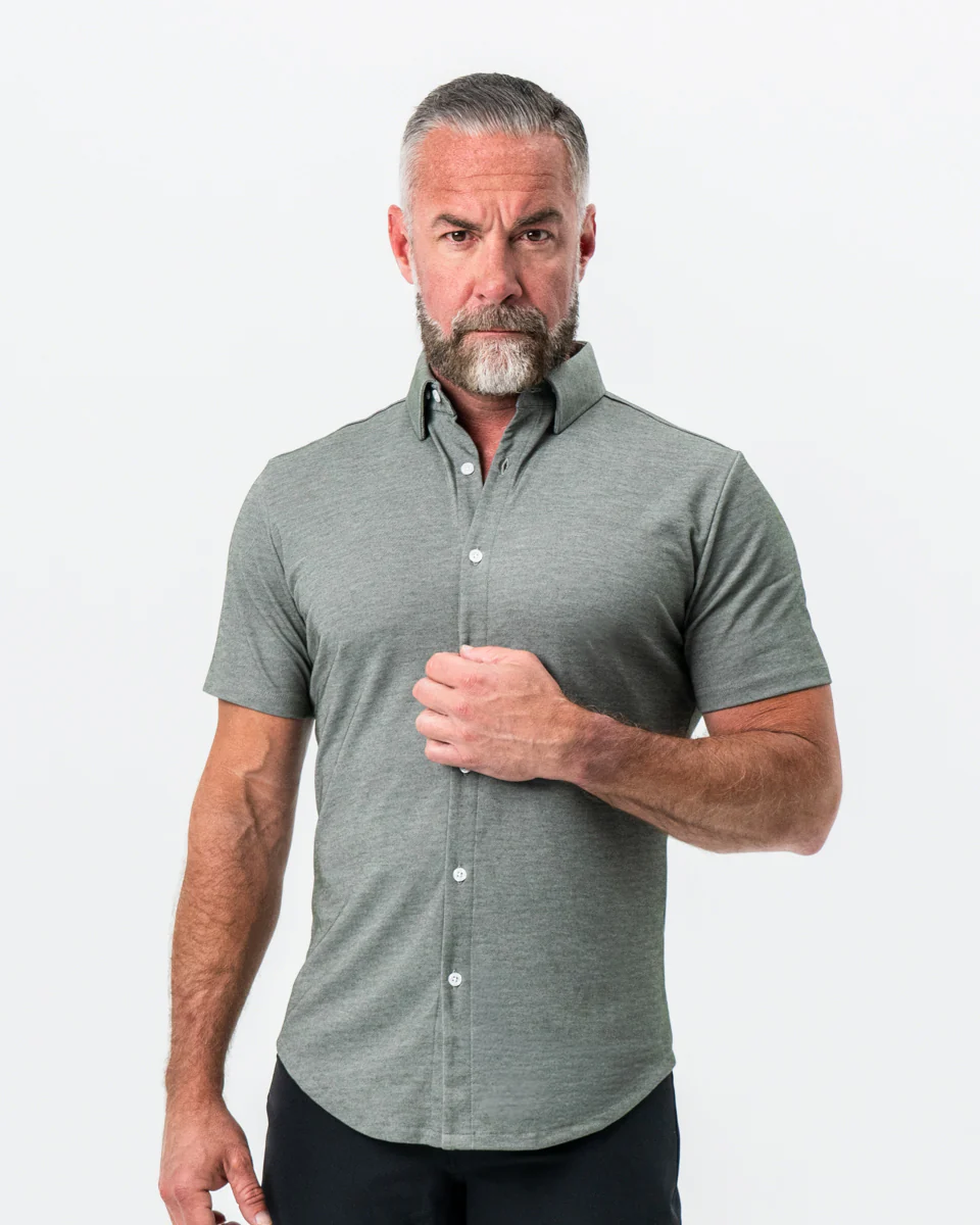 "The Armstrong" Olive Pique Short Sleeve Button Down - Image 5