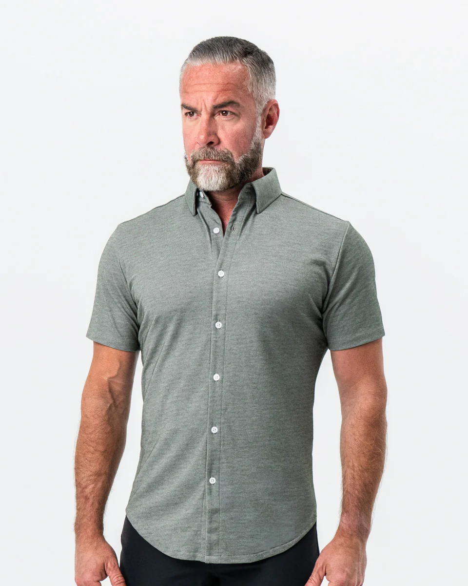"The Armstrong" Olive Pique Short Sleeve Button Down - Image 6
