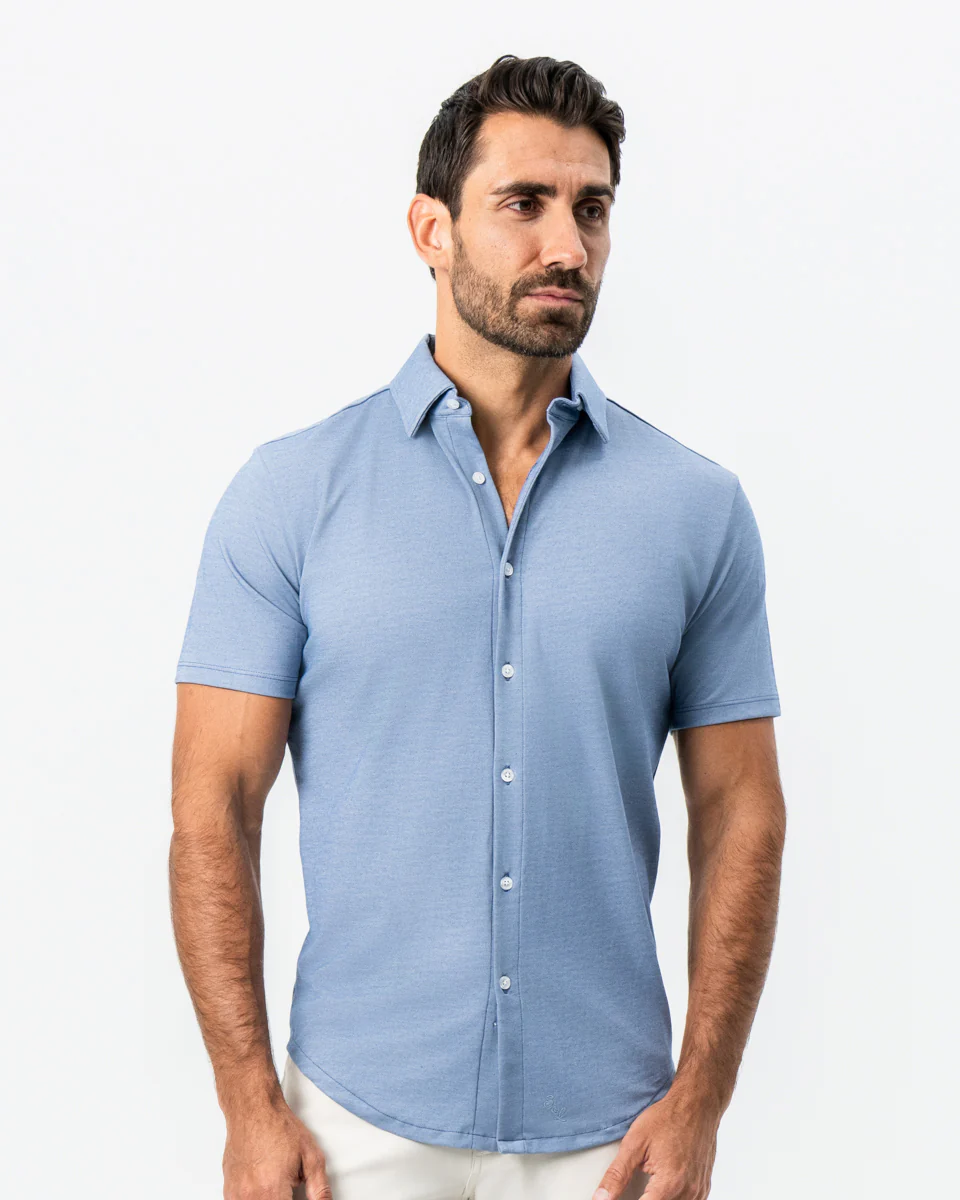 "The Capri" Sky Blue Pique Short Sleeve Button Down - Image 4