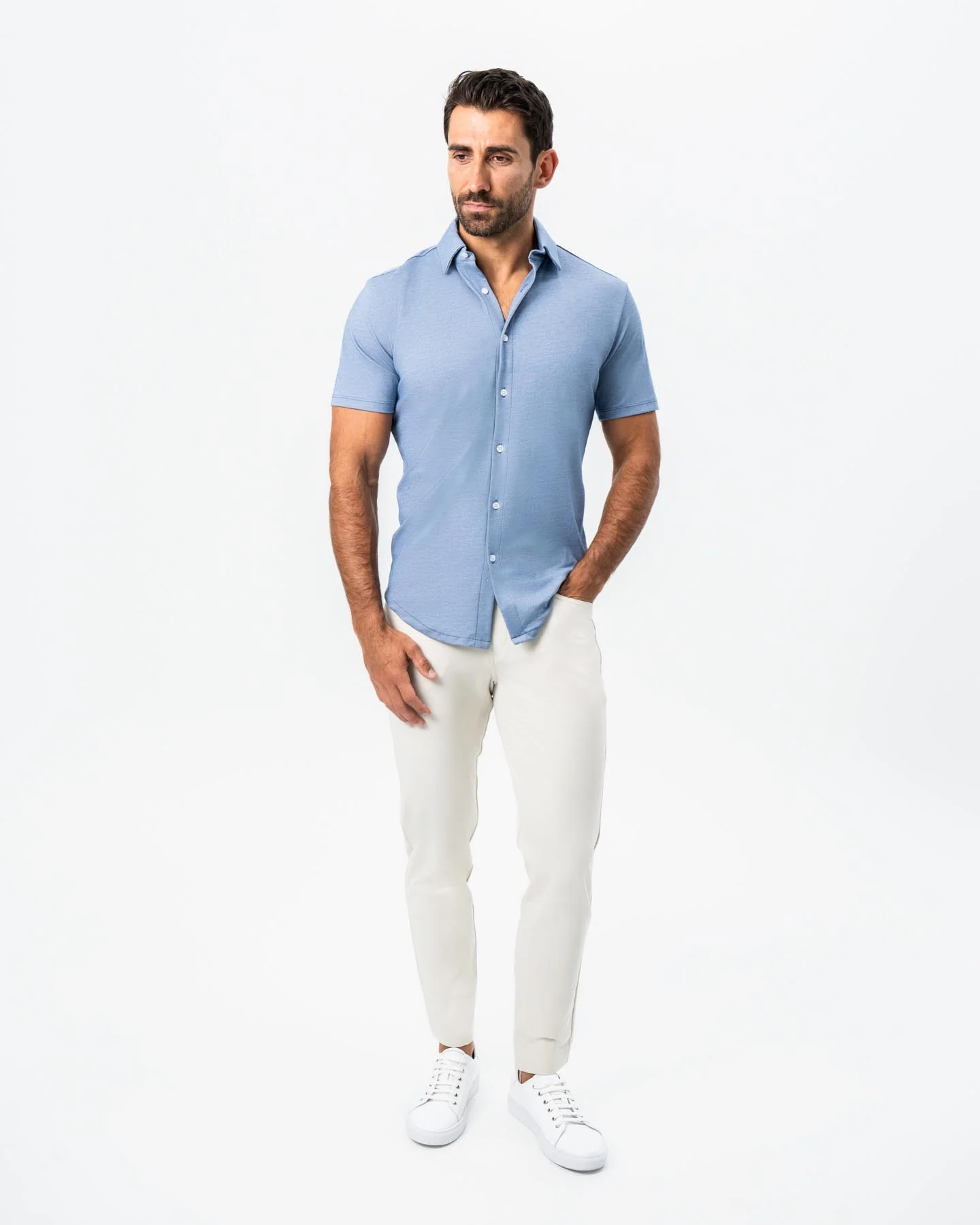 "The Capri" Sky Blue Pique Short Sleeve Button Down - Image 5