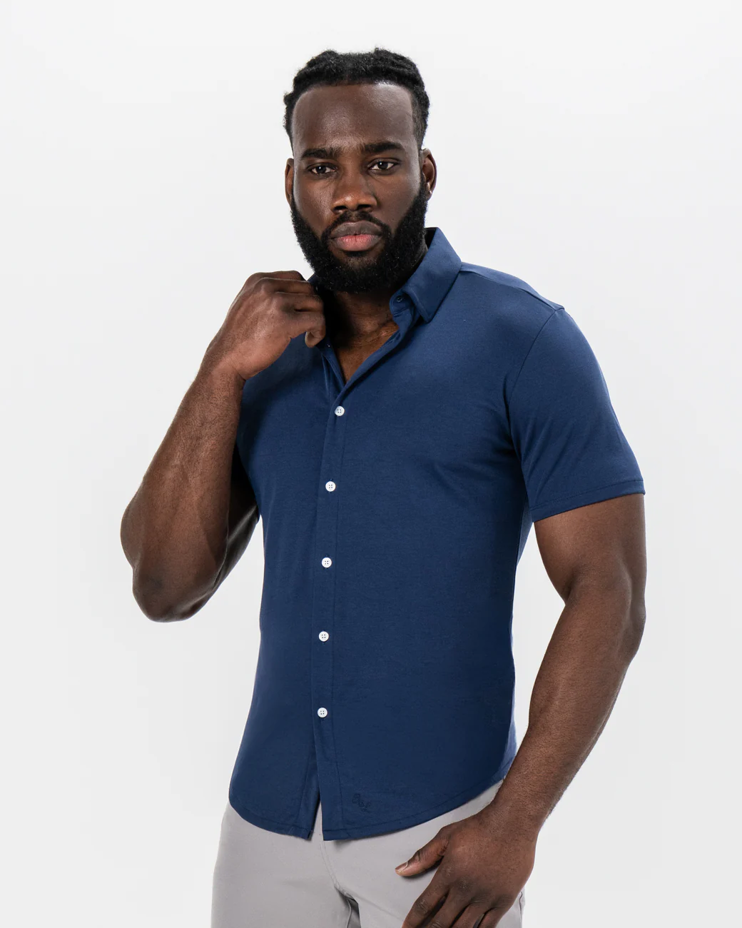 "The Deke" Navy Pique Short Sleeve Button Down - Image 5