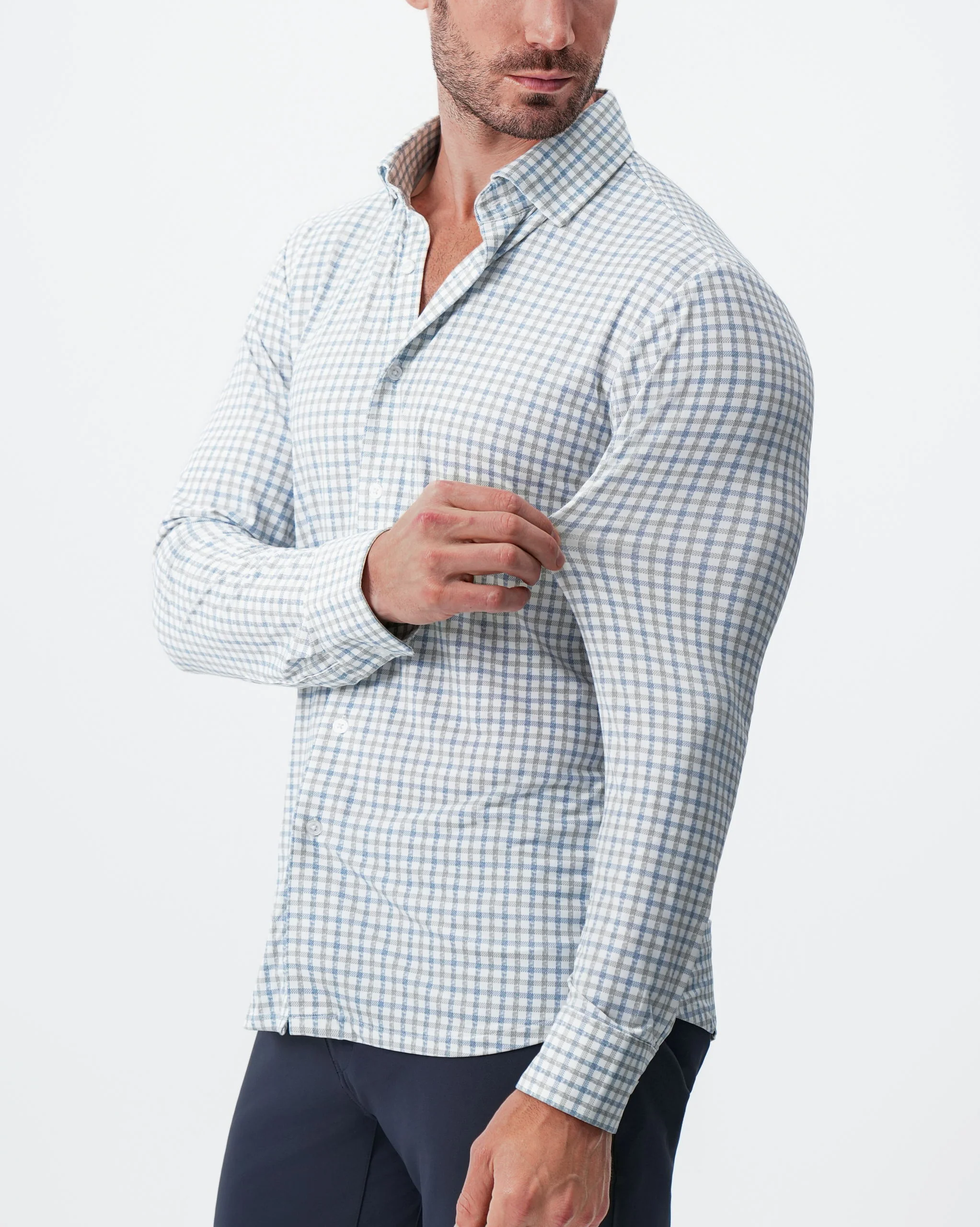 "The Dime" Sport Shirt - White, Grey & Light Blue Windowpane - Image 2