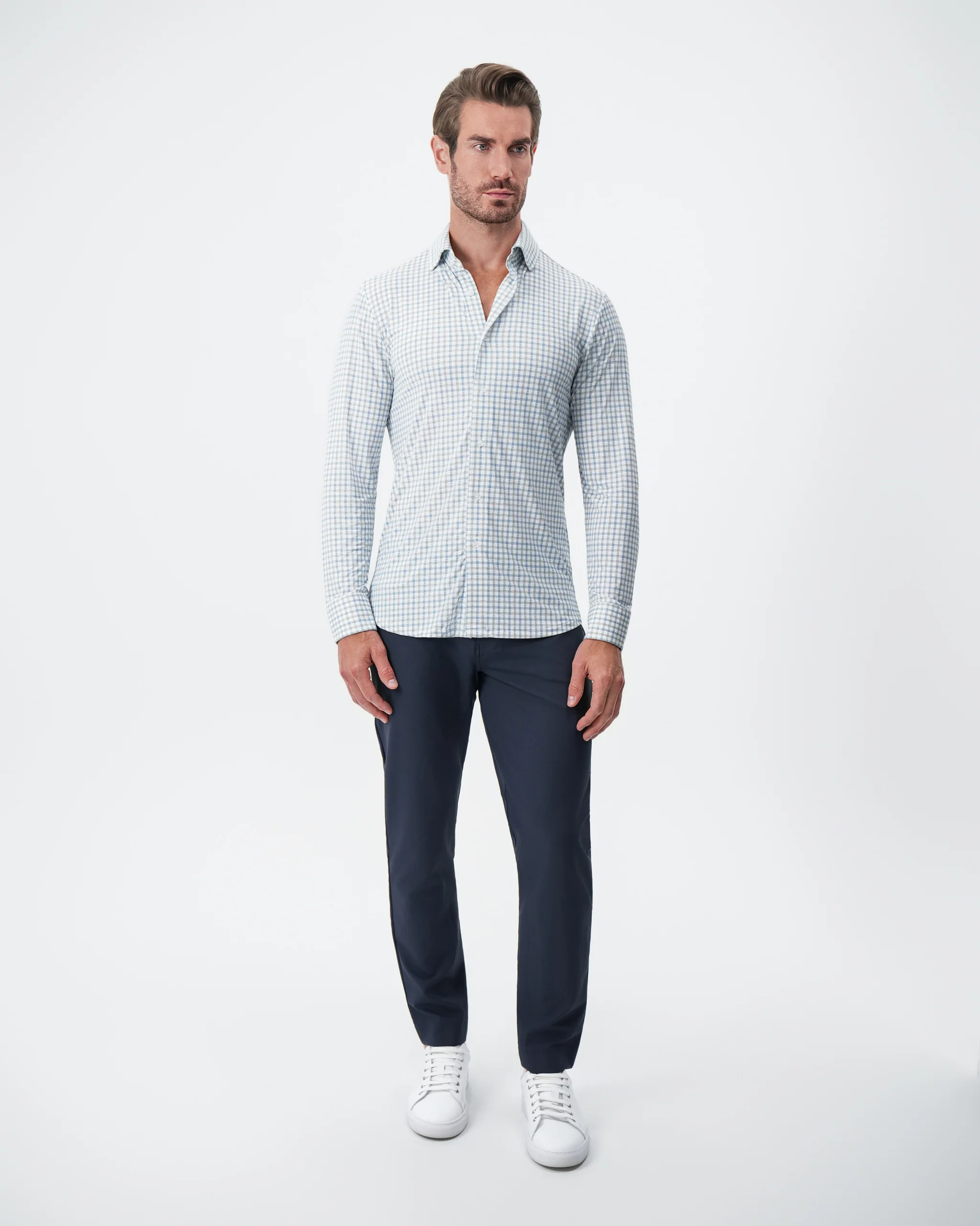 "The Dime" Sport Shirt - White, Grey & Light Blue Windowpane - Image 3
