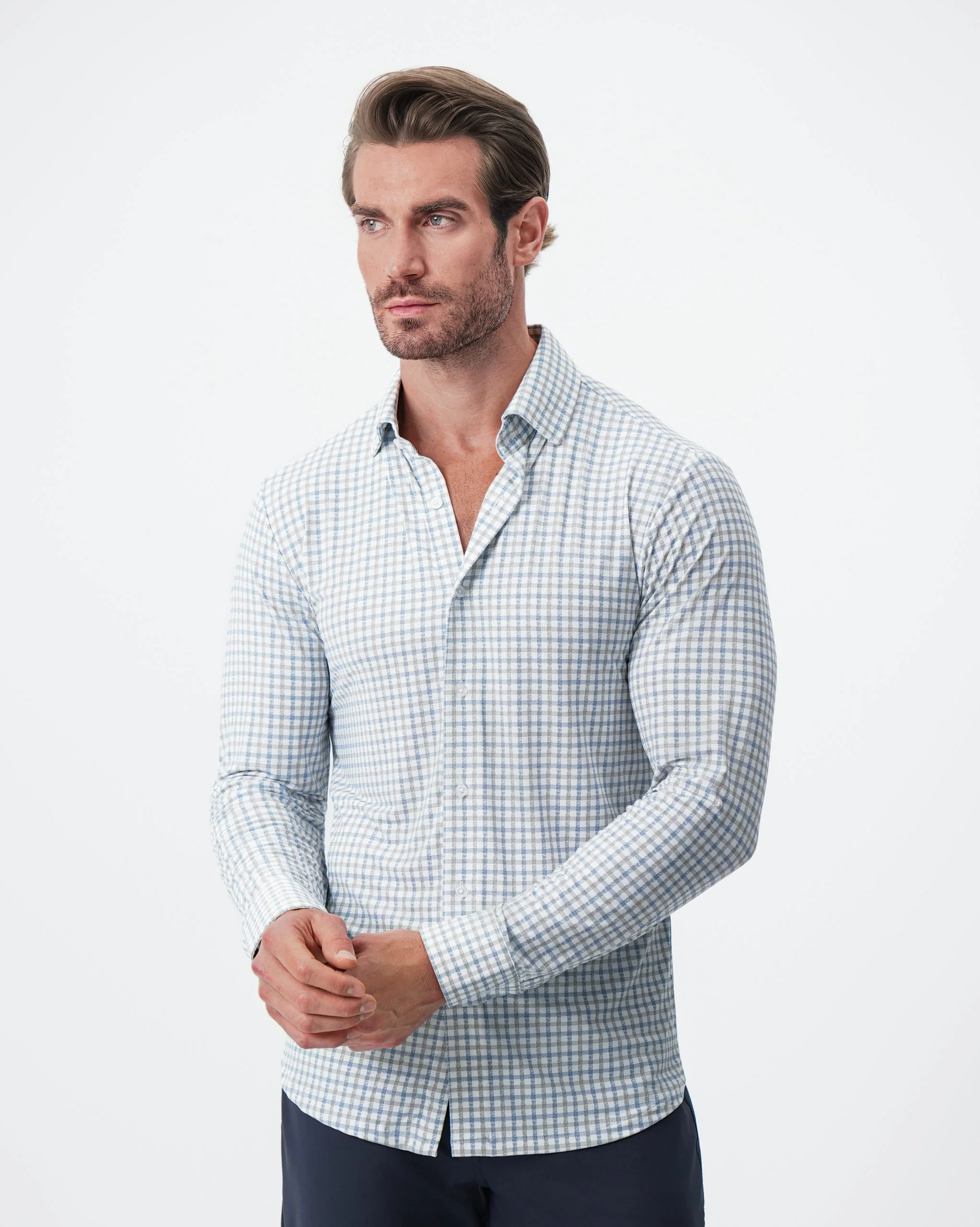 "The Dime" Sport Shirt - White, Grey & Light Blue Windowpane - Image 4