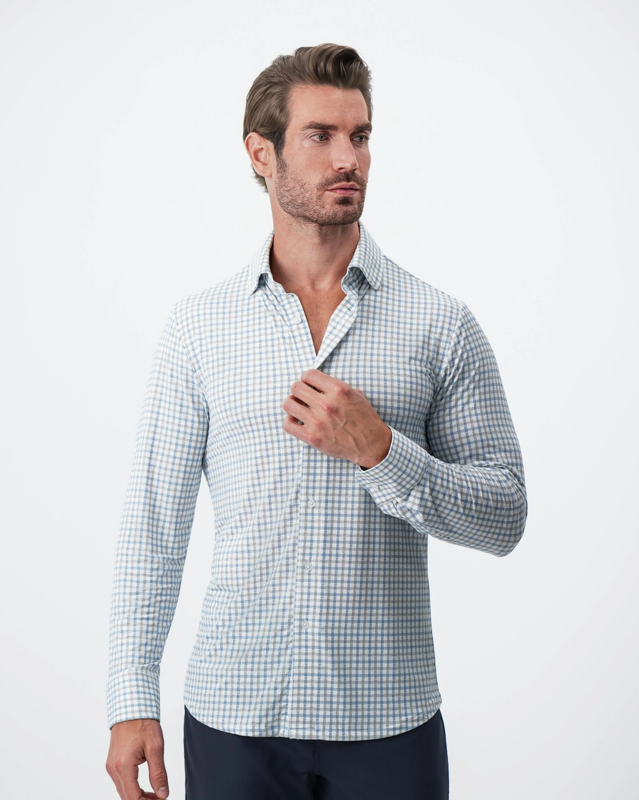 "The Dime" Sport Shirt - White, Grey & Light Blue Windowpane - Image 6