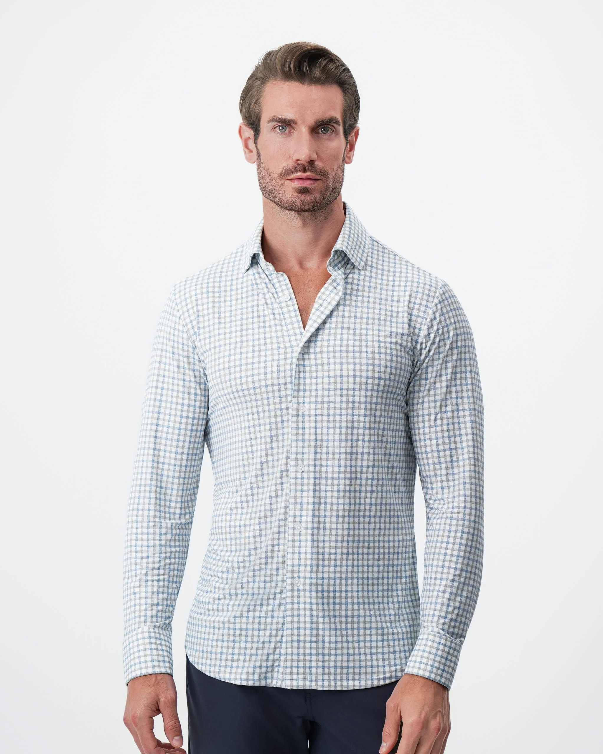 "The Dime" Sport Shirt - White, Grey & Light Blue Windowpane - Image 7