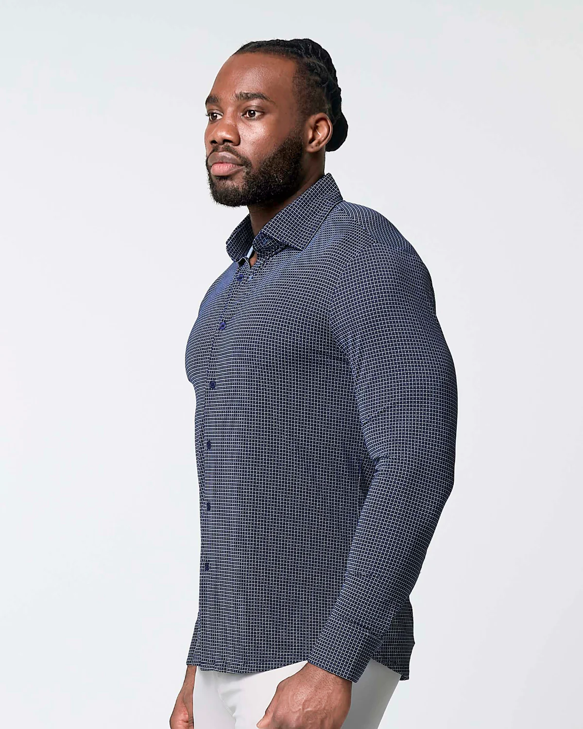 "The Eisenhower" Sport Shirt - Navy With White Grid - Image 5