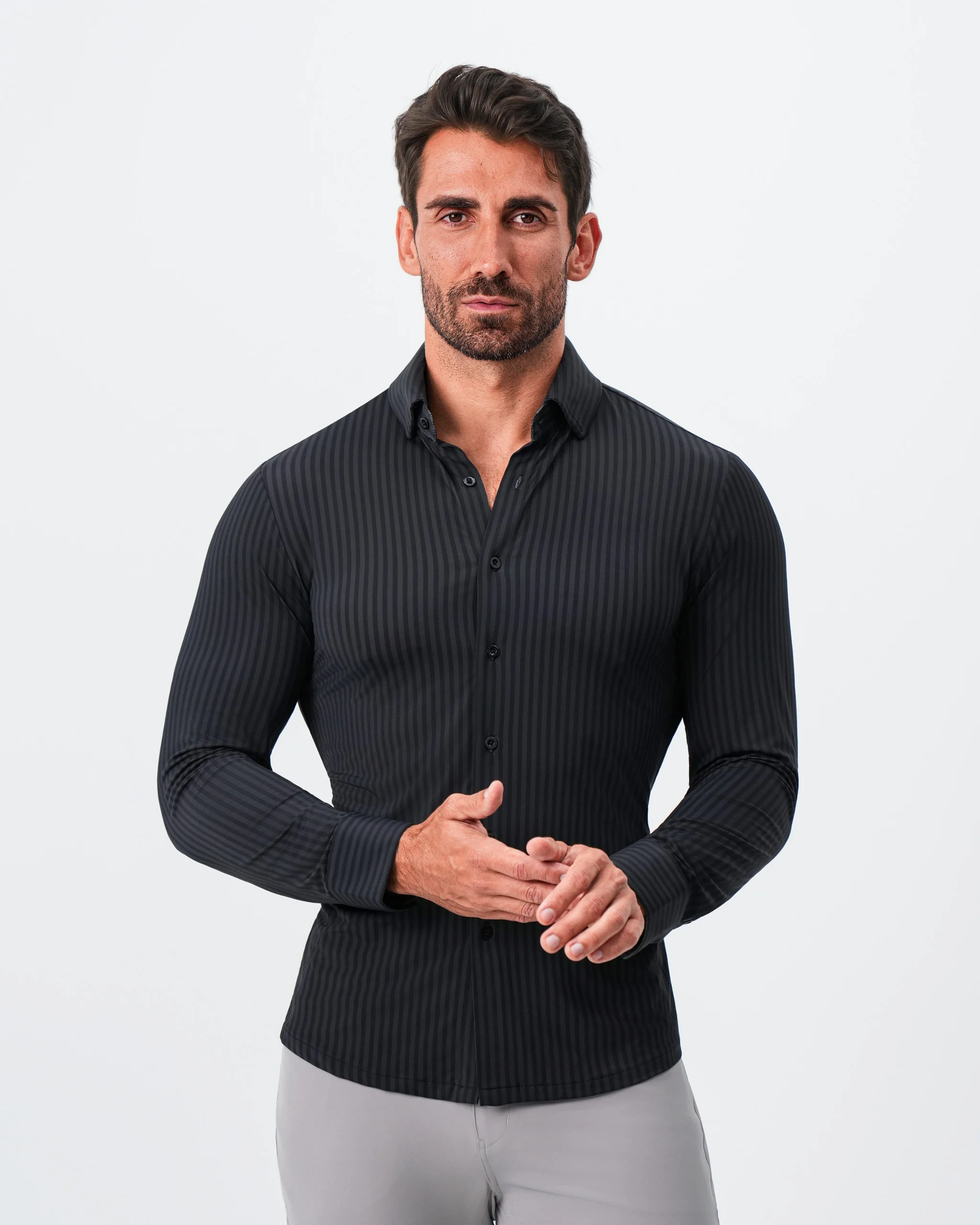 "The Hartley" Sport Shirt - Black & Grey Bengal Stripe - Image 4