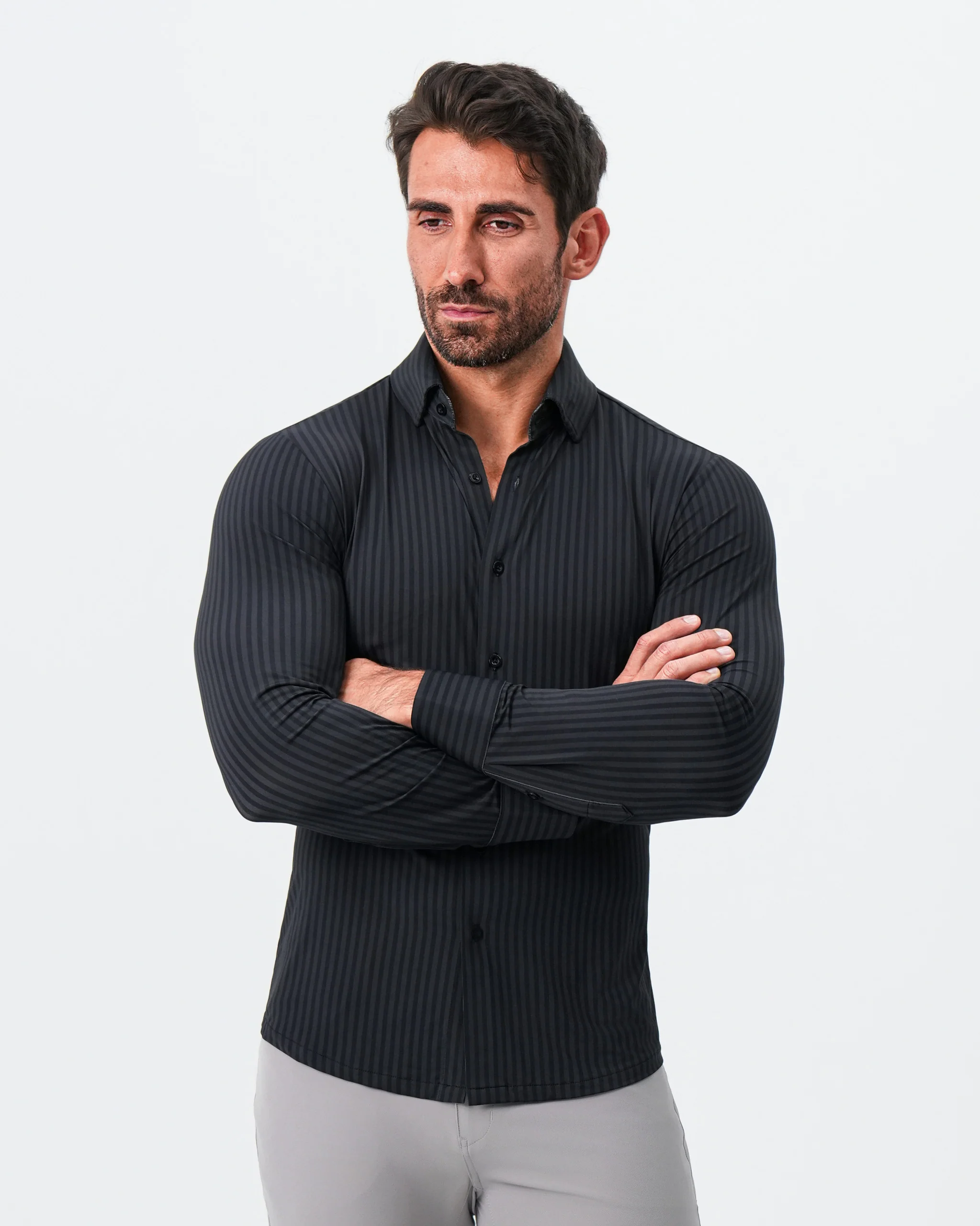 "The Hartley" Sport Shirt - Black & Grey Bengal Stripe - Image 7