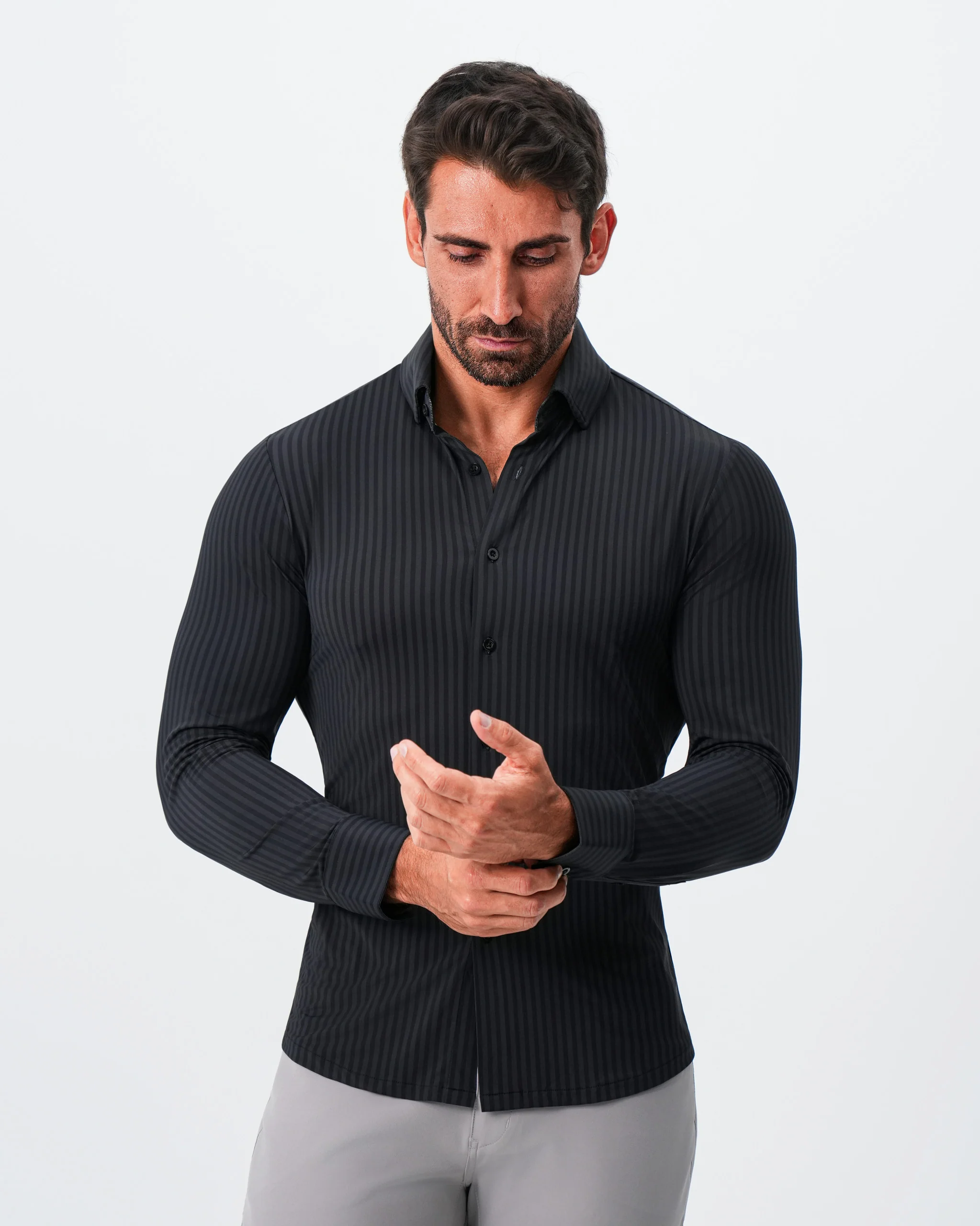 "The Hartley" Sport Shirt - Black & Grey Bengal Stripe - Image 8