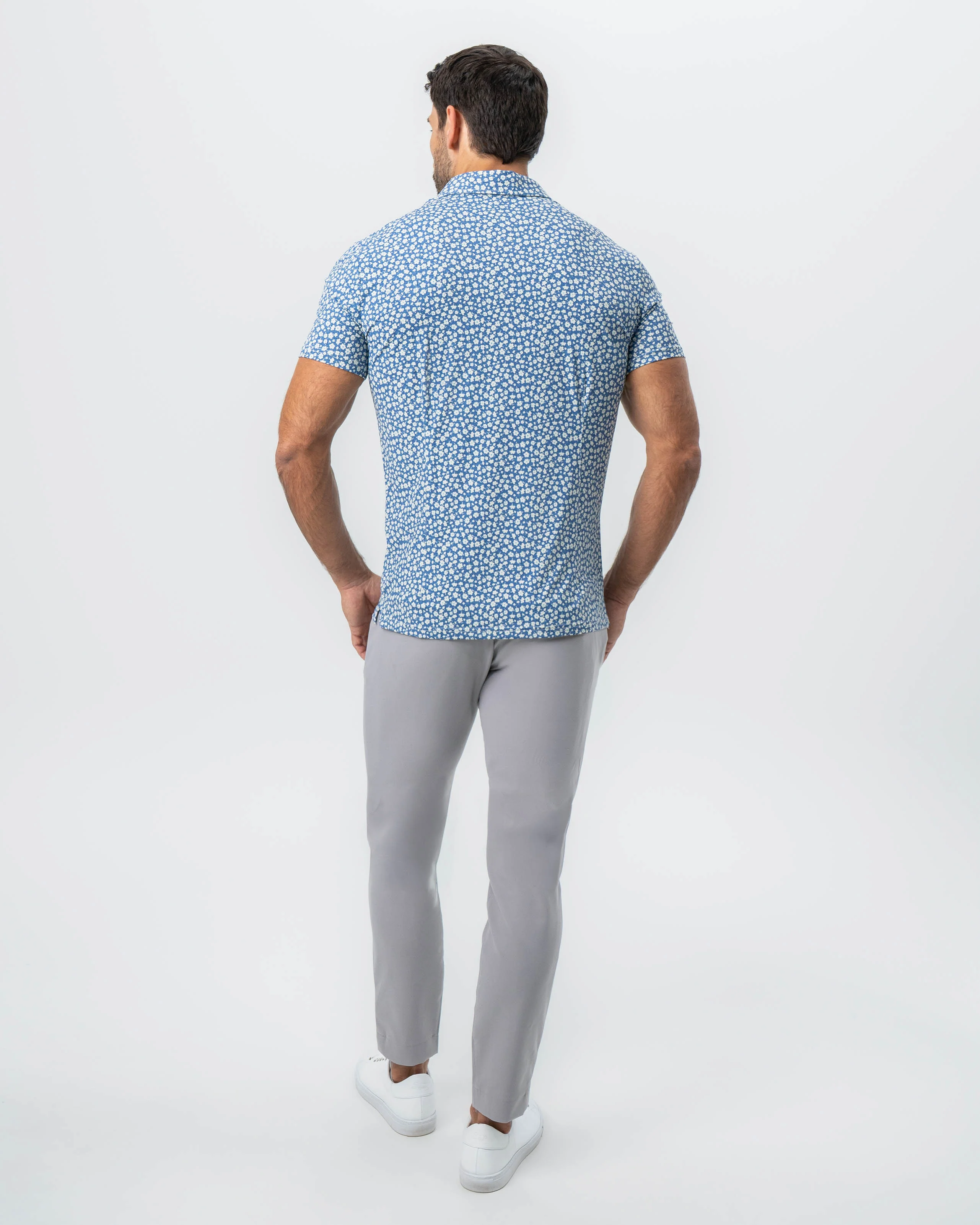 "The Ken" White & Light Blue Floral Print Polo - Image 3