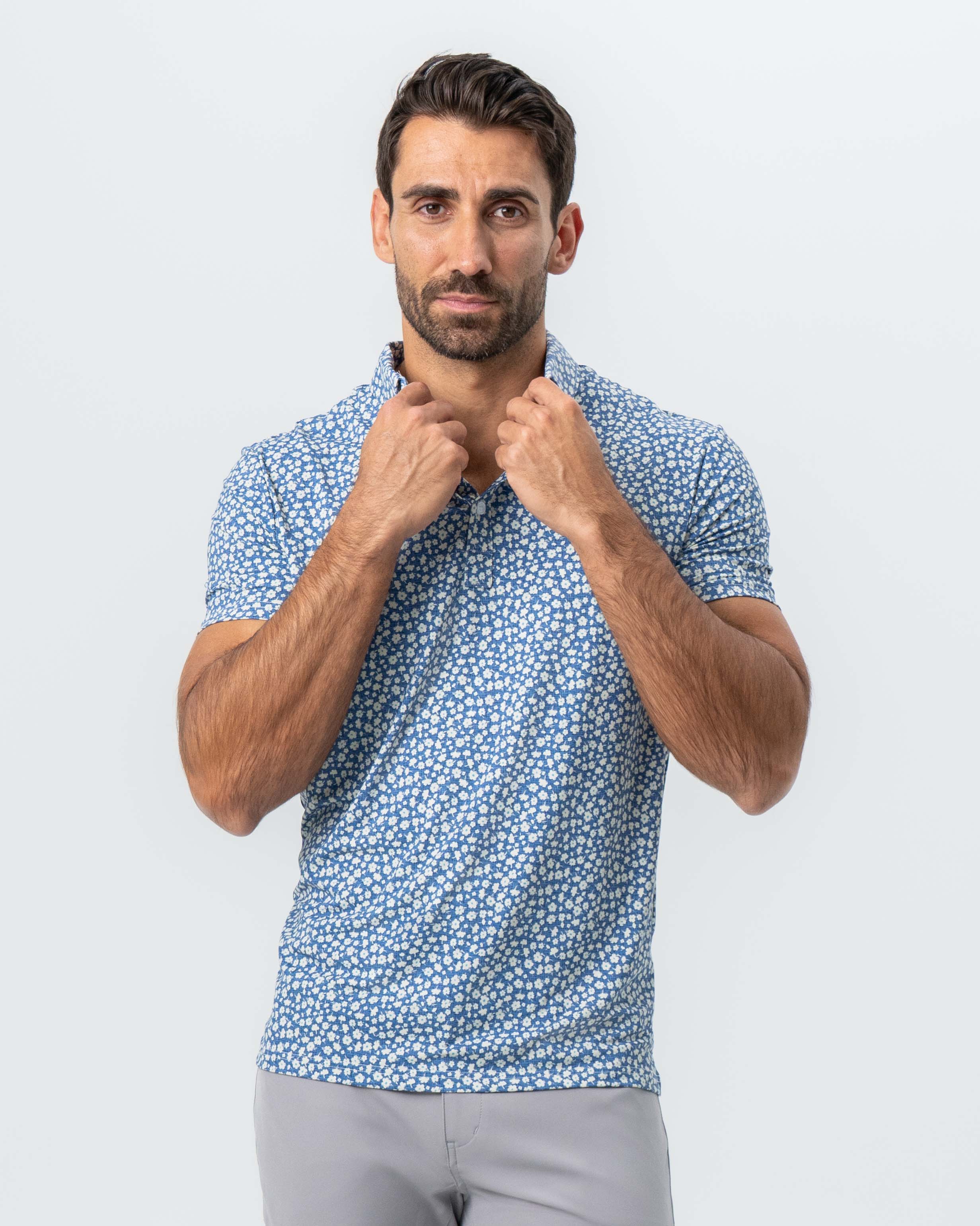 "The Ken" White & Light Blue Floral Print Polo - Image 5