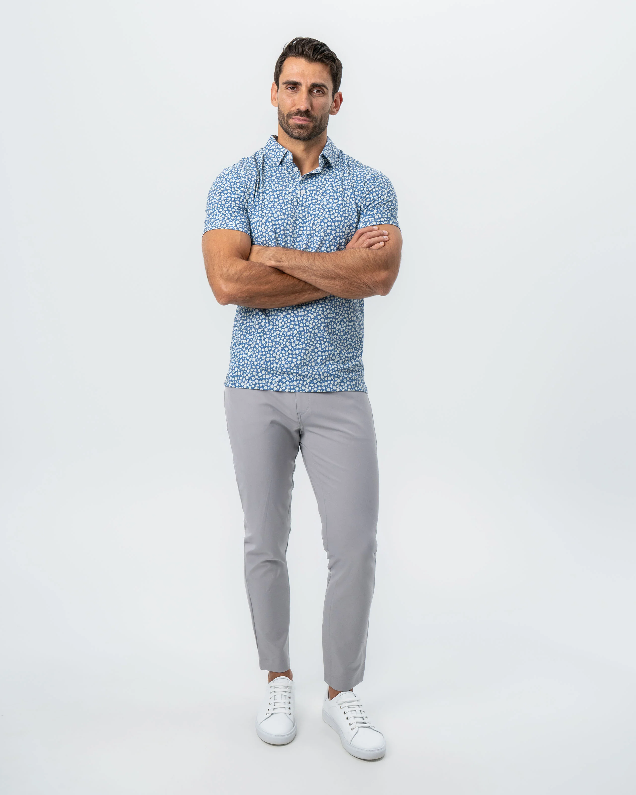 "The Ken" White & Light Blue Floral Print Polo - Image 6