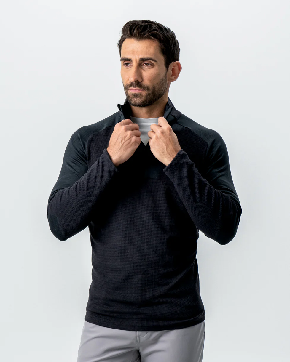 Waffle Knit Quarter Zip - Solid Black - Image 5