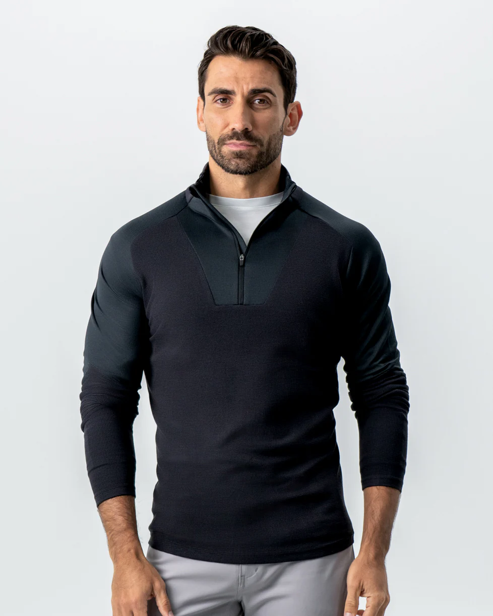 Waffle Knit Quarter Zip - Solid Black - Image 6